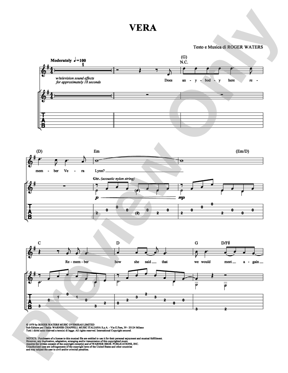 Vera: Guitar TAB Digital Sheet Music
