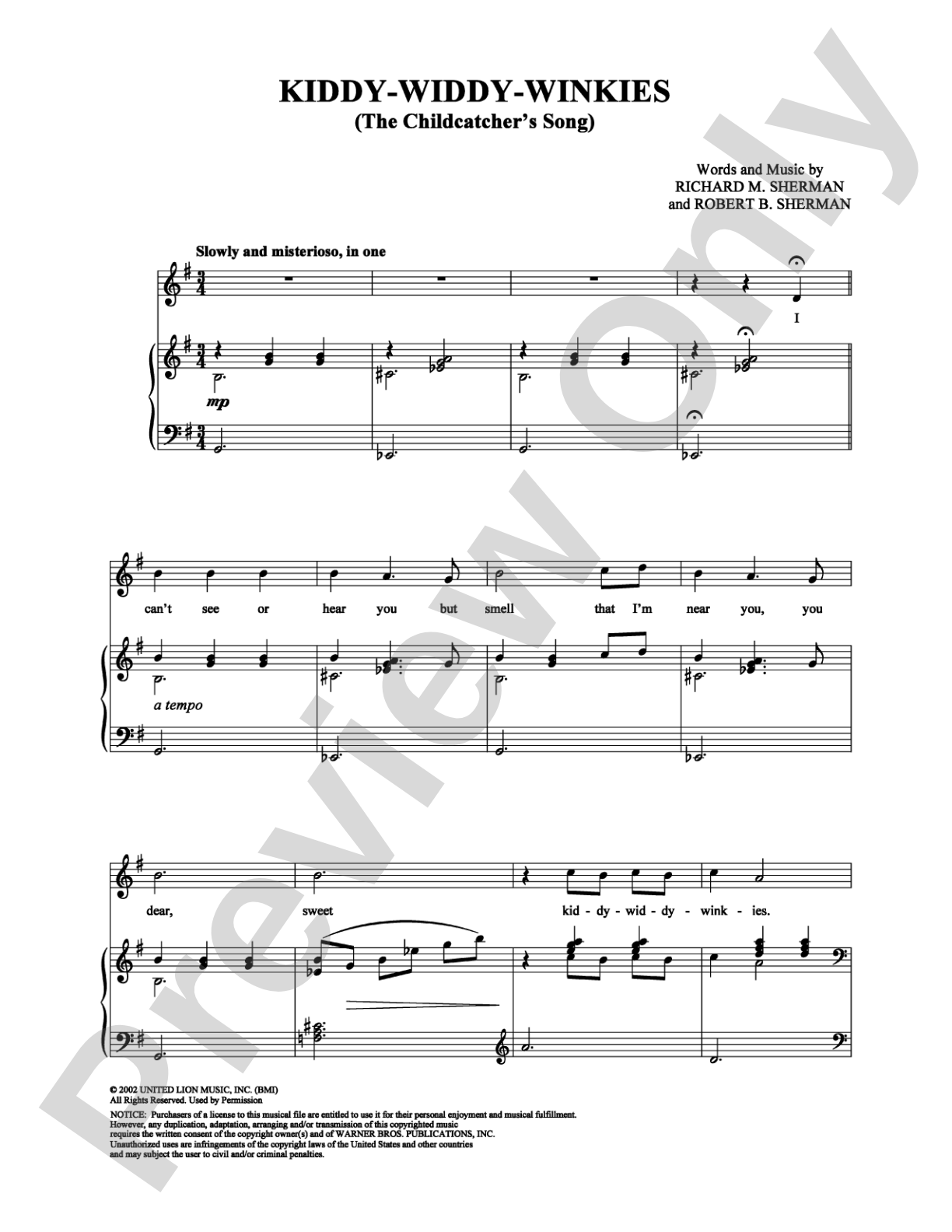 Kiddy-Widdy-Winkies (The Childcatcher's Song): Piano/Vocal/Chords Digital Sheet Music