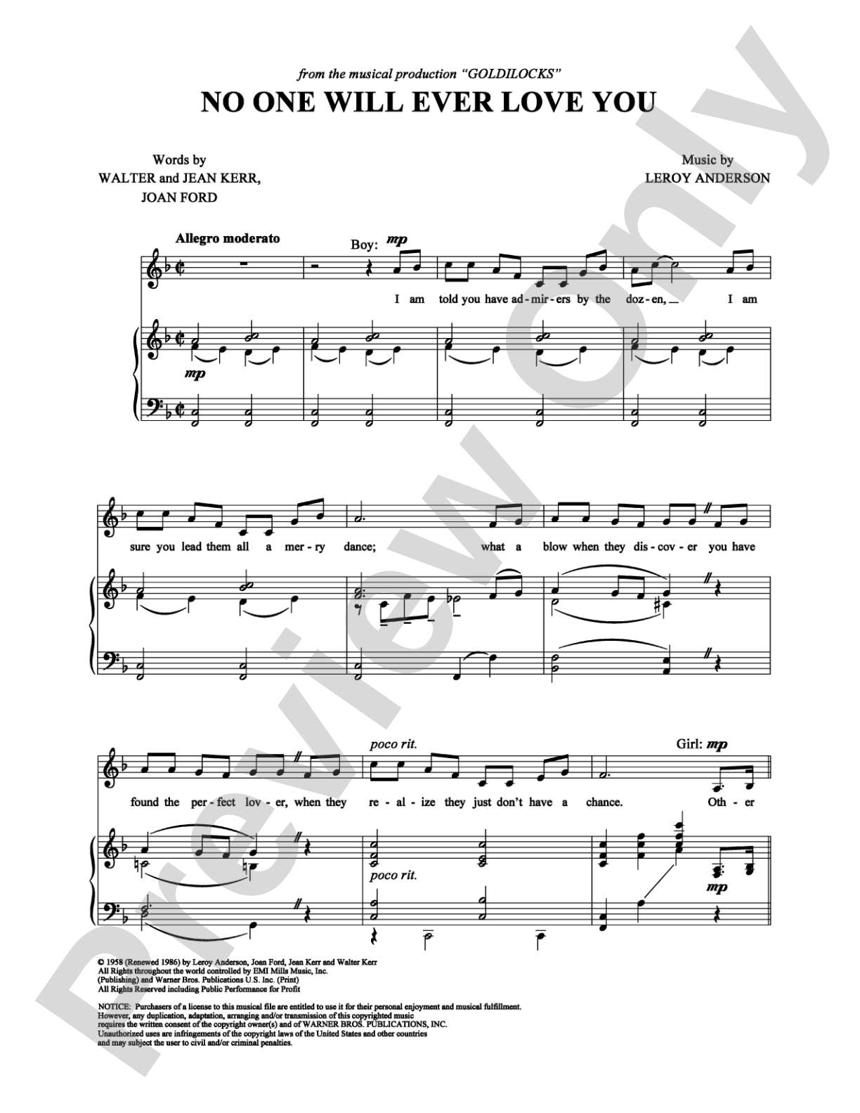 No One Will Ever Love You: Piano/Vocal/Chords Digital Sheet Music