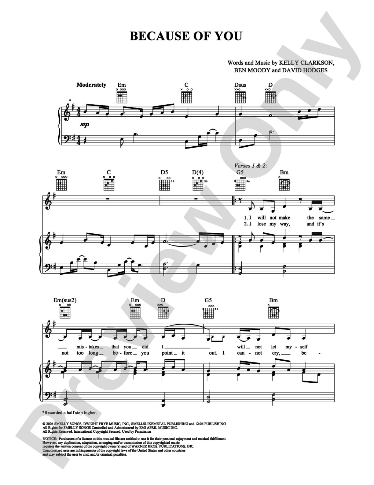 Because of You: Piano/Vocal/Chords Digital Sheet Music