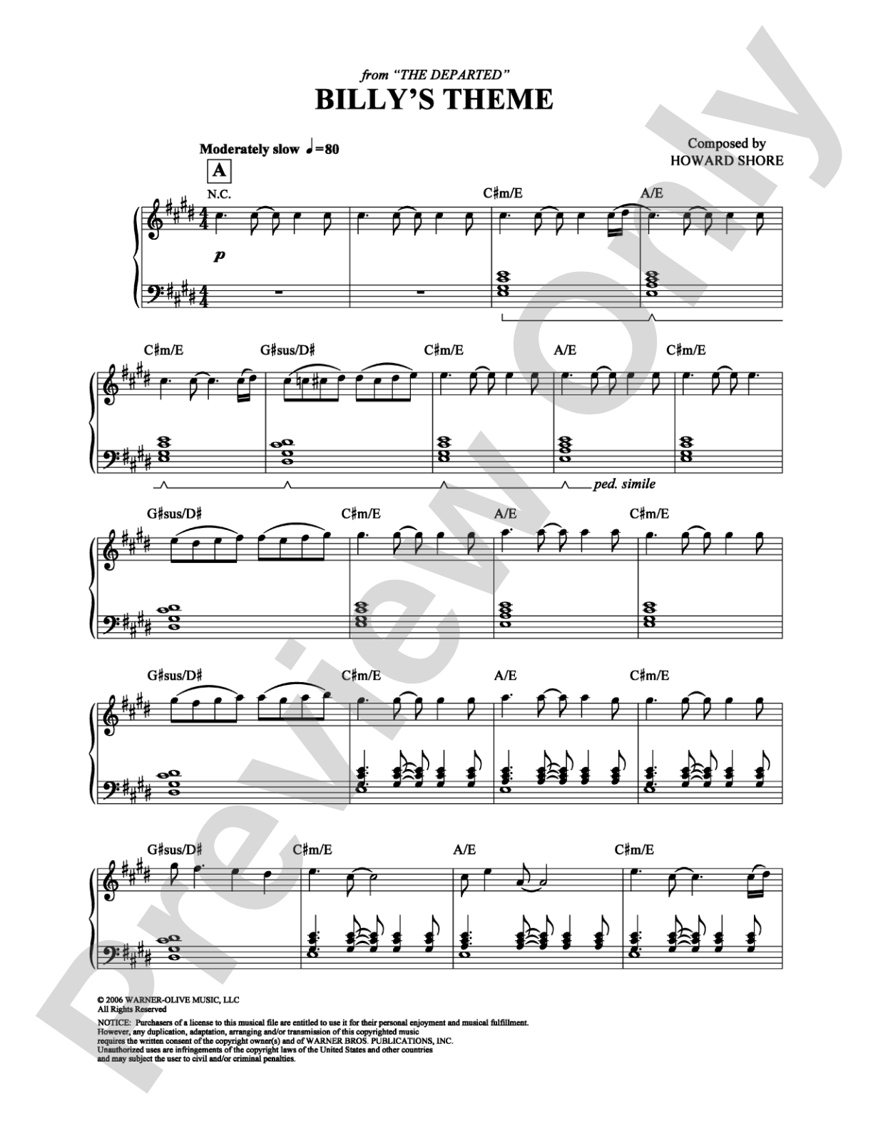 Billy's Theme (from The Departed): Piano Digital Sheet Music