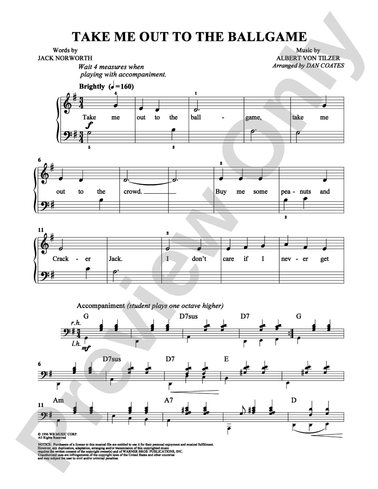 Take Me Out To The Ballgame: Easy Piano Digital Sheet Music
