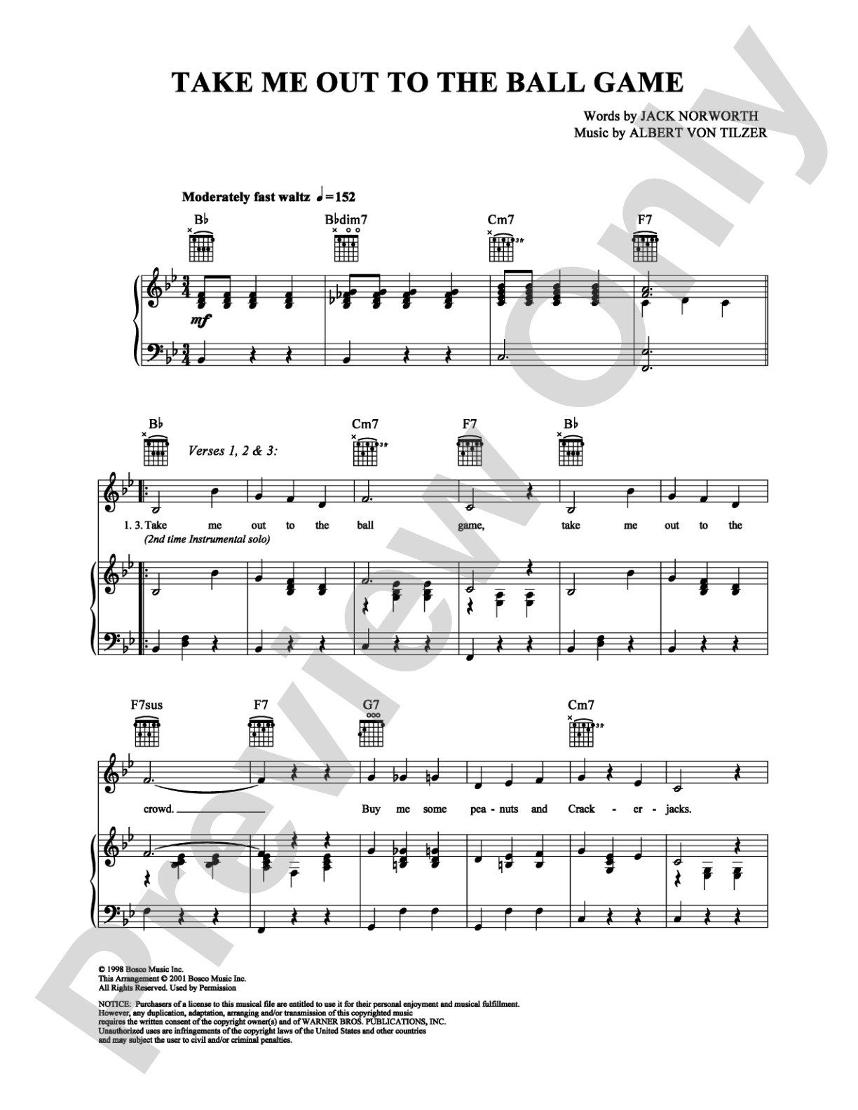 Take Me Out to the Ball Game: Piano/Vocal/Chords Digital Sheet Music