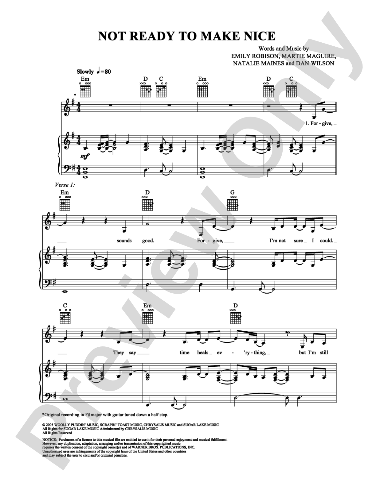 Not Ready to Make Nice: Piano/Vocal/Chords Digital Sheet Music