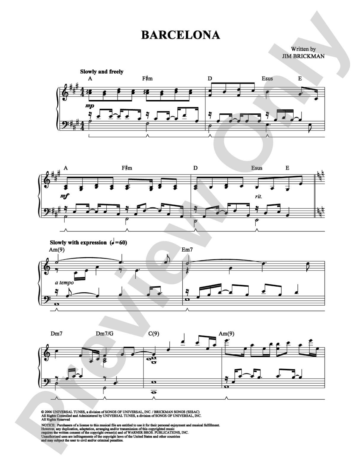 Barcelona: Piano/Vocal/Chords Digital Sheet Music