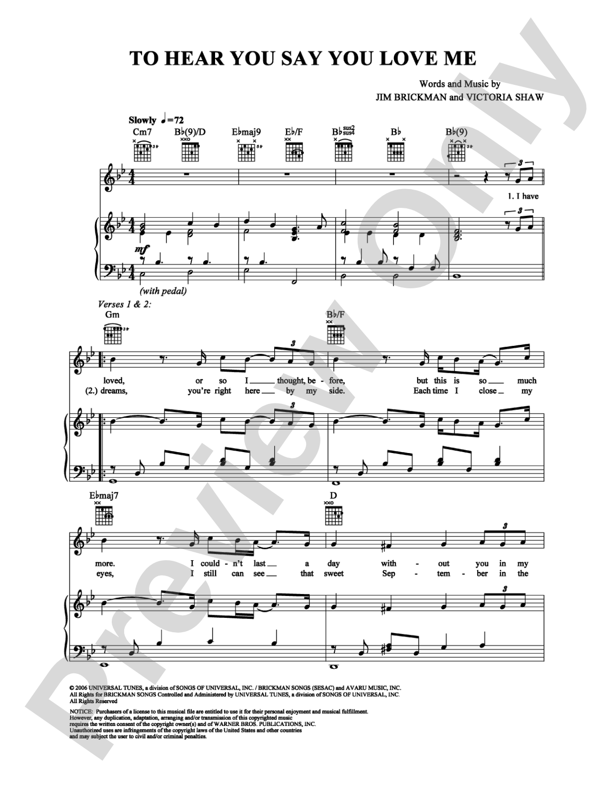 To Hear You Say You Love Me: Piano/Vocal/Chords Digital Sheet Music