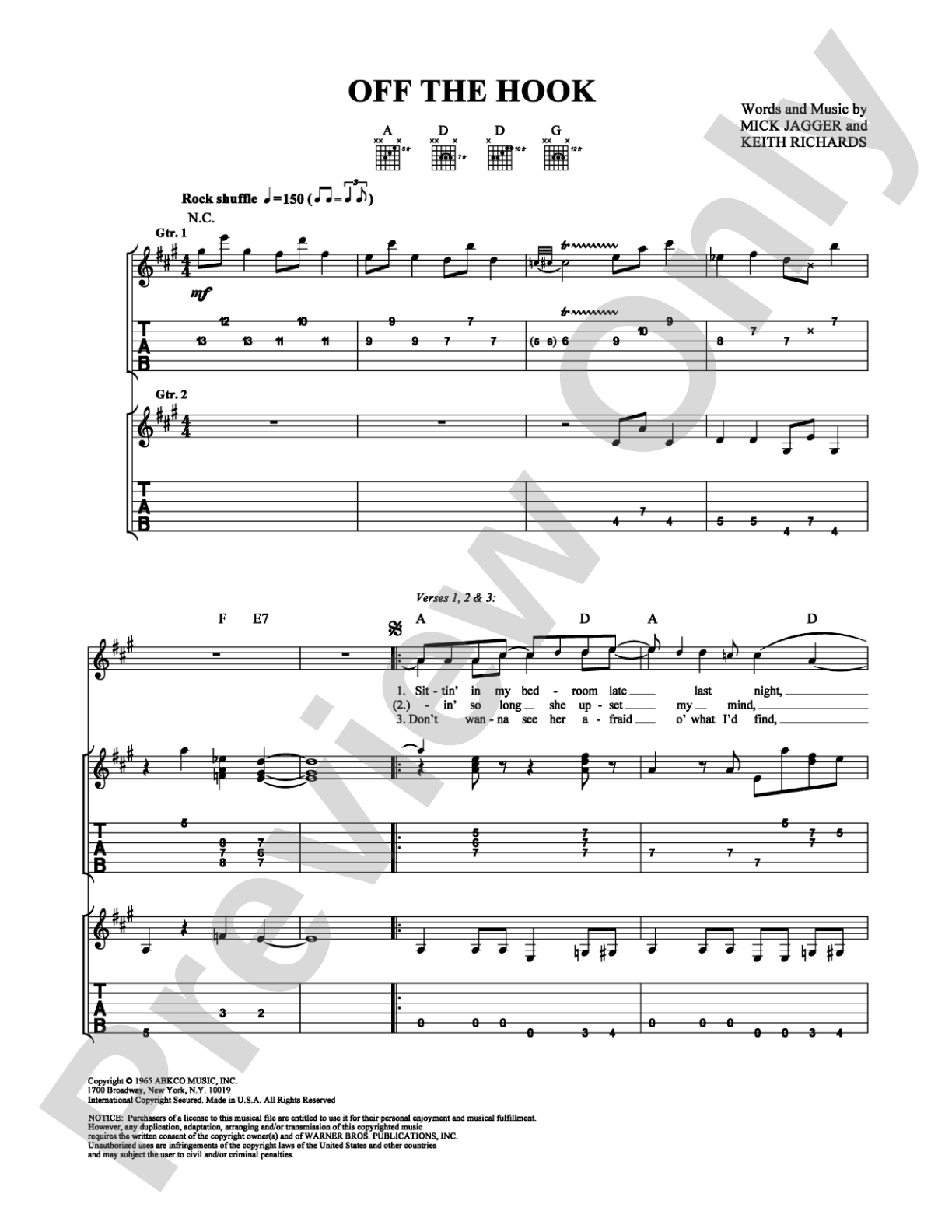 Off the Hook: Guitar TAB Digital Sheet Music