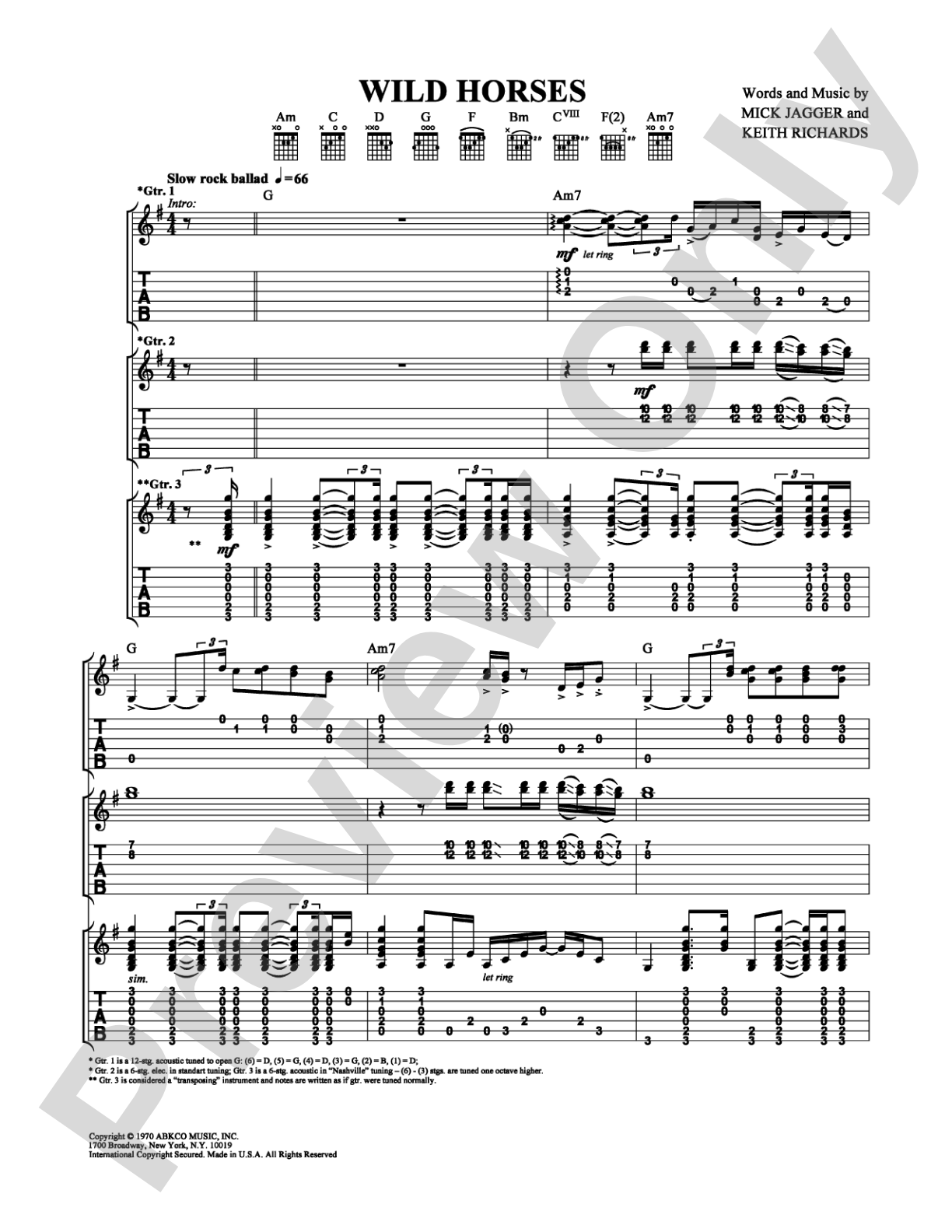 Wild Horses: Guitar TAB Digital Sheet Music