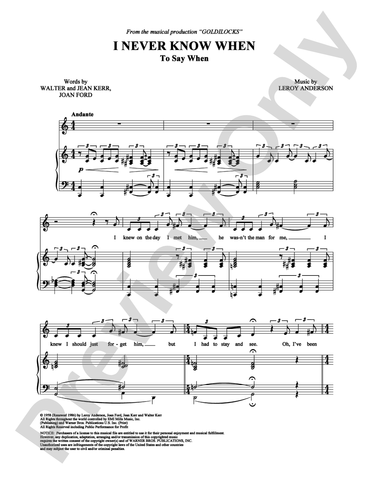 I Never Know When (To Say When): Piano/Vocal/Chords Digital Sheet Music