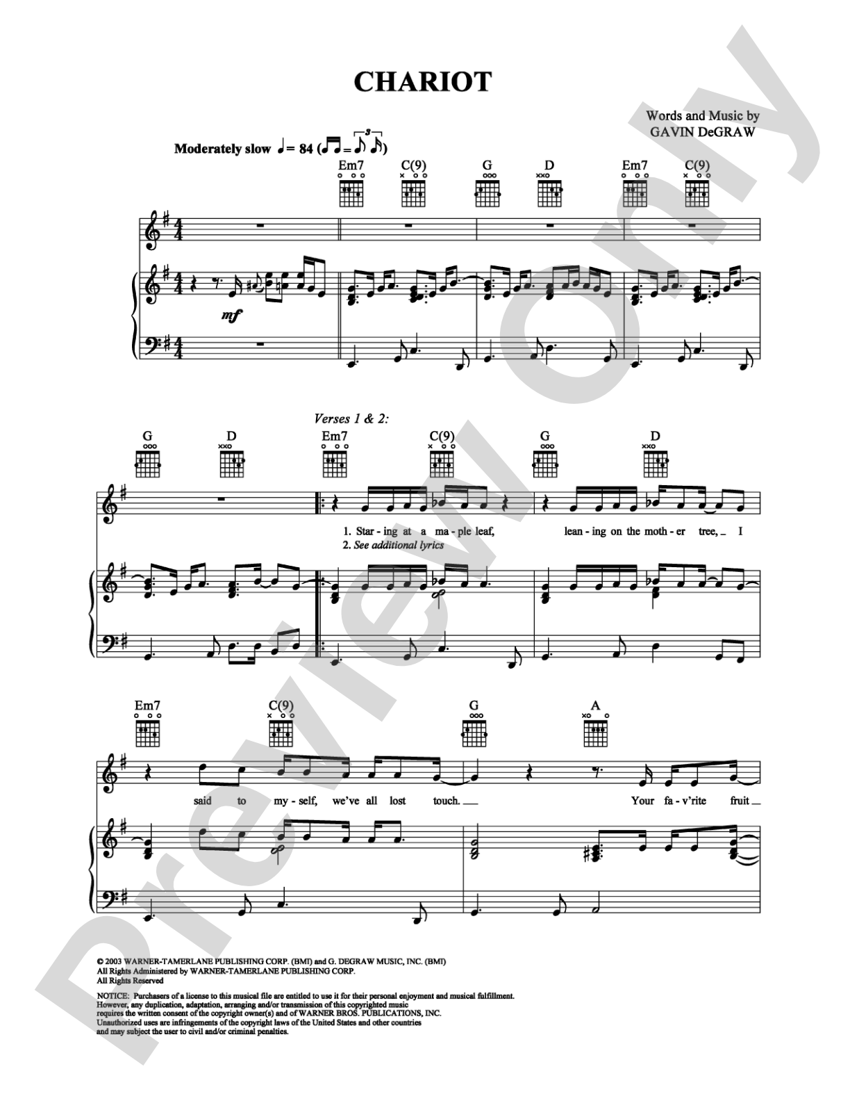 Chariot: Piano/Vocal/Chords Digital Sheet Music