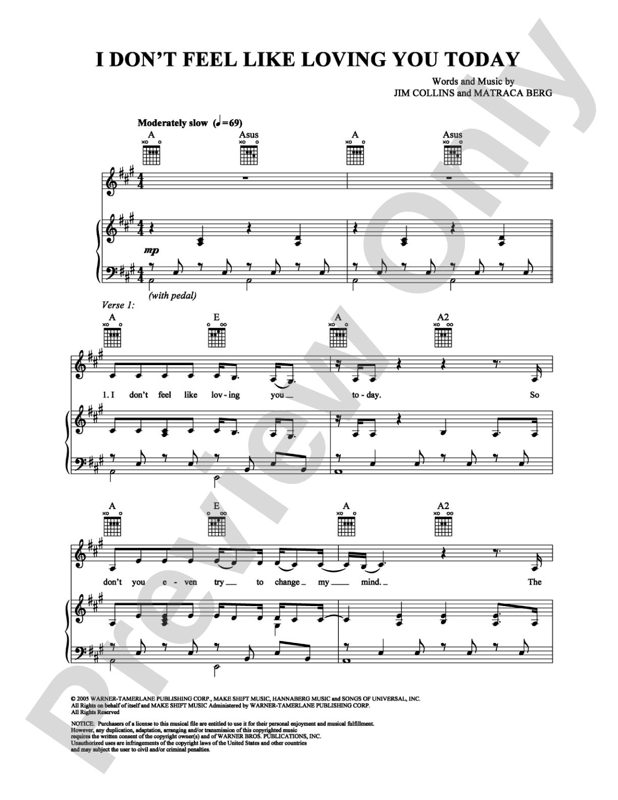 I Don't Feel Like Loving You Today: Piano/Vocal/Chords Digital Sheet Music