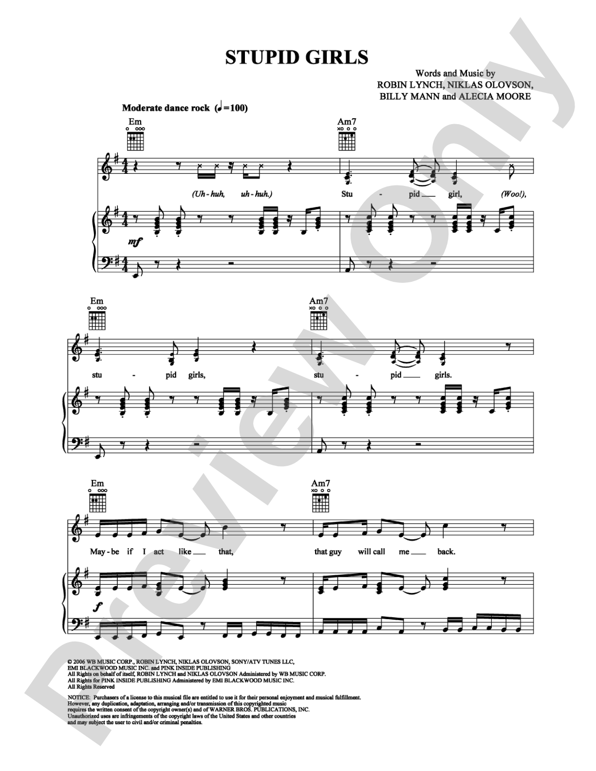 Stupid Girls: Piano/Vocal/Chords Digital Sheet Music