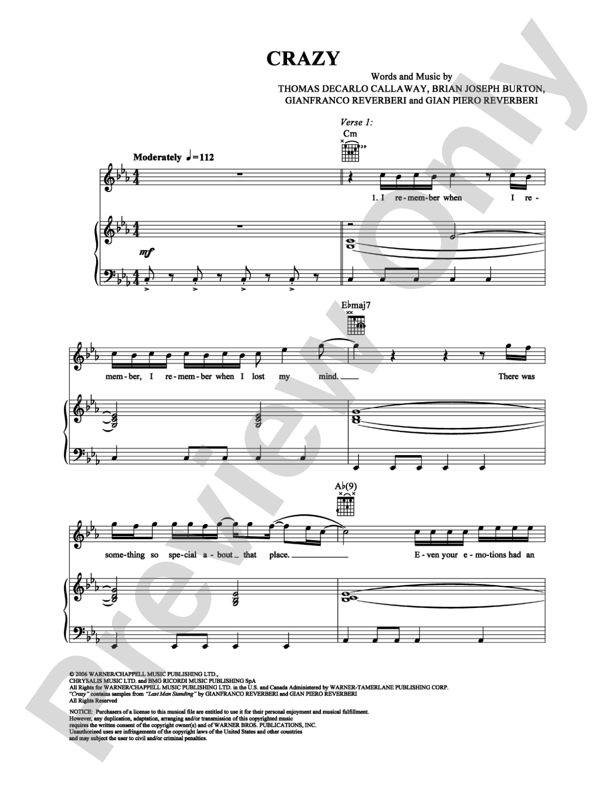 Crazy: Piano/Vocal/Chords Digital Sheet Music