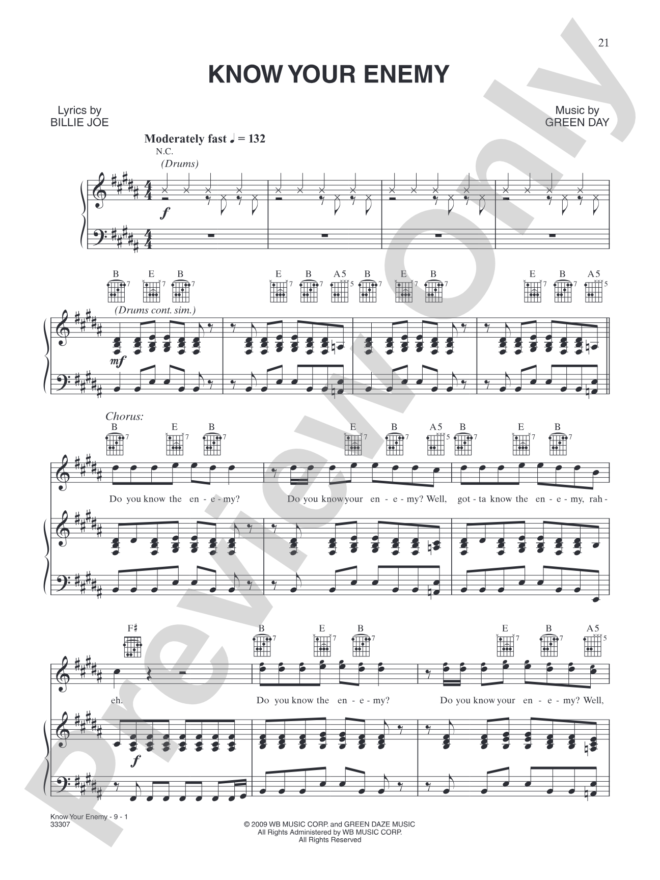 Know Your Enemy: Piano/Vocal/Chords