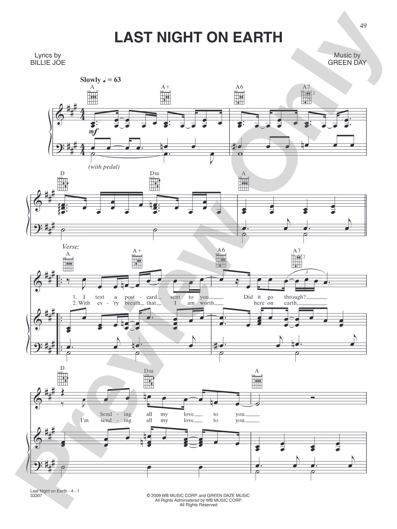 Last Night on Earth: Piano/Vocal/Chords