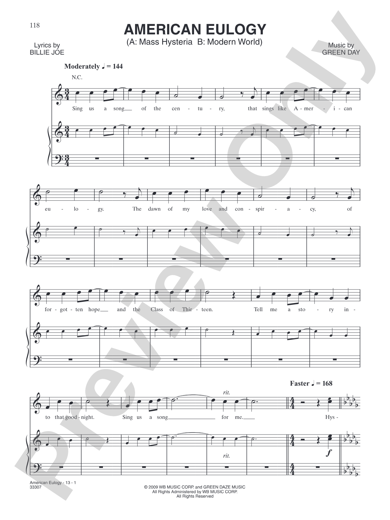 American Eulogy (A: Mass Hysteria B: Modern World): Piano/Vocal/Chords