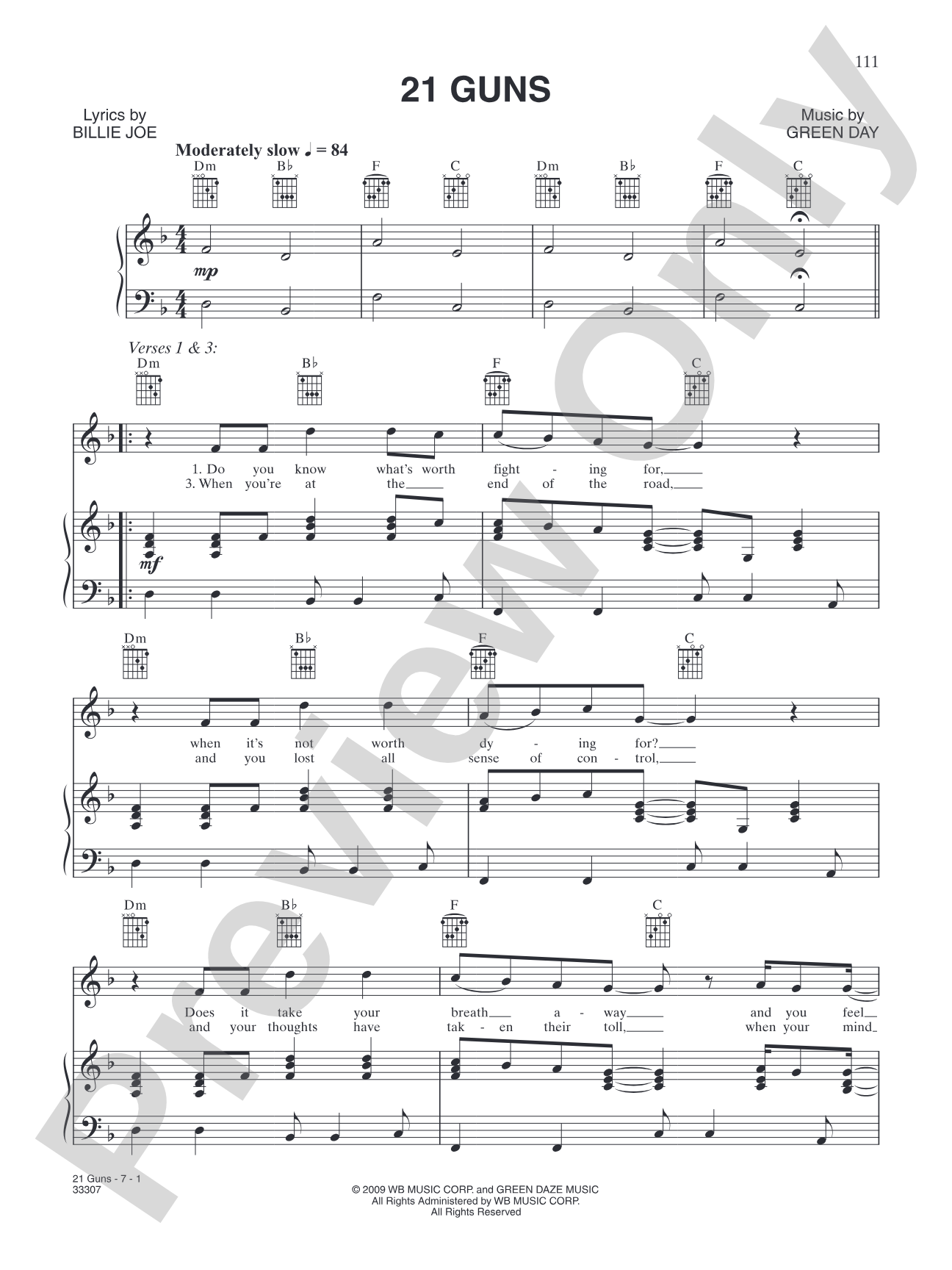 21 Guns: Piano/Vocal/Chords