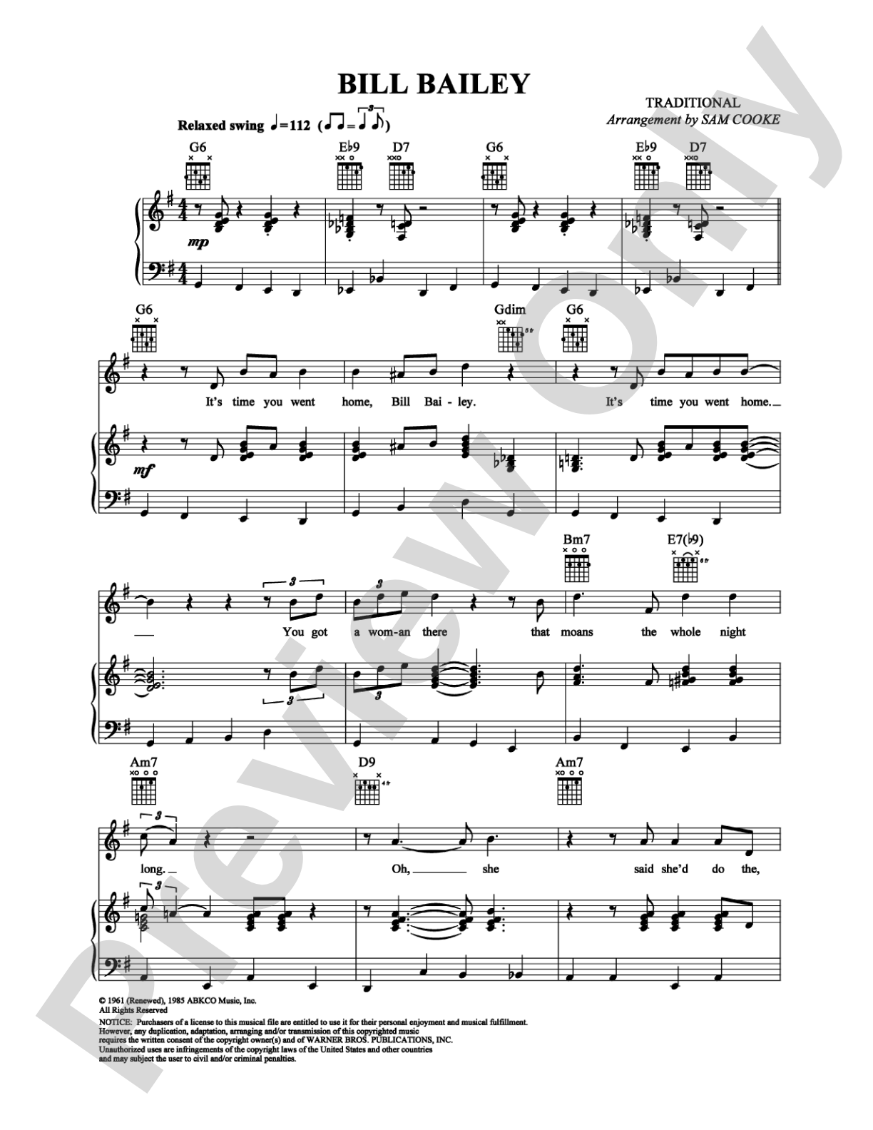 Bill Bailey: Piano/Vocal/Chords Digital Sheet Music