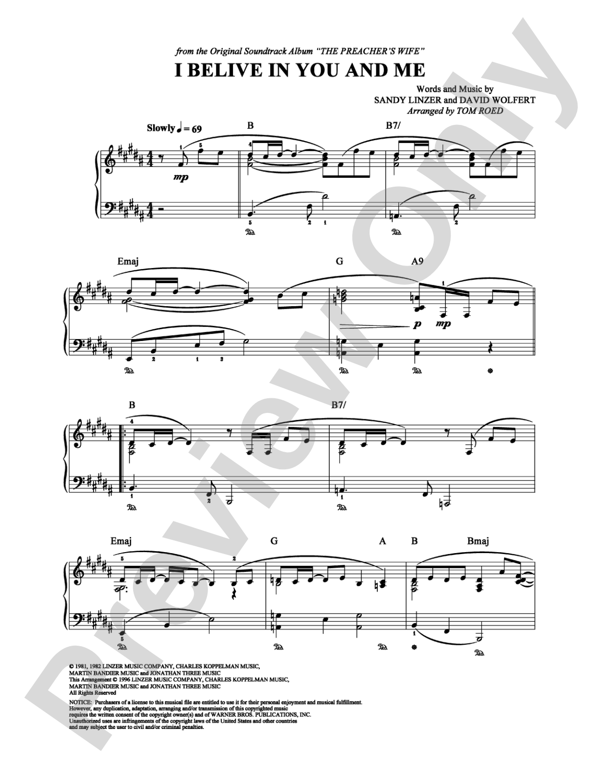 I Believe In You And Me: Piano Digital Sheet Music