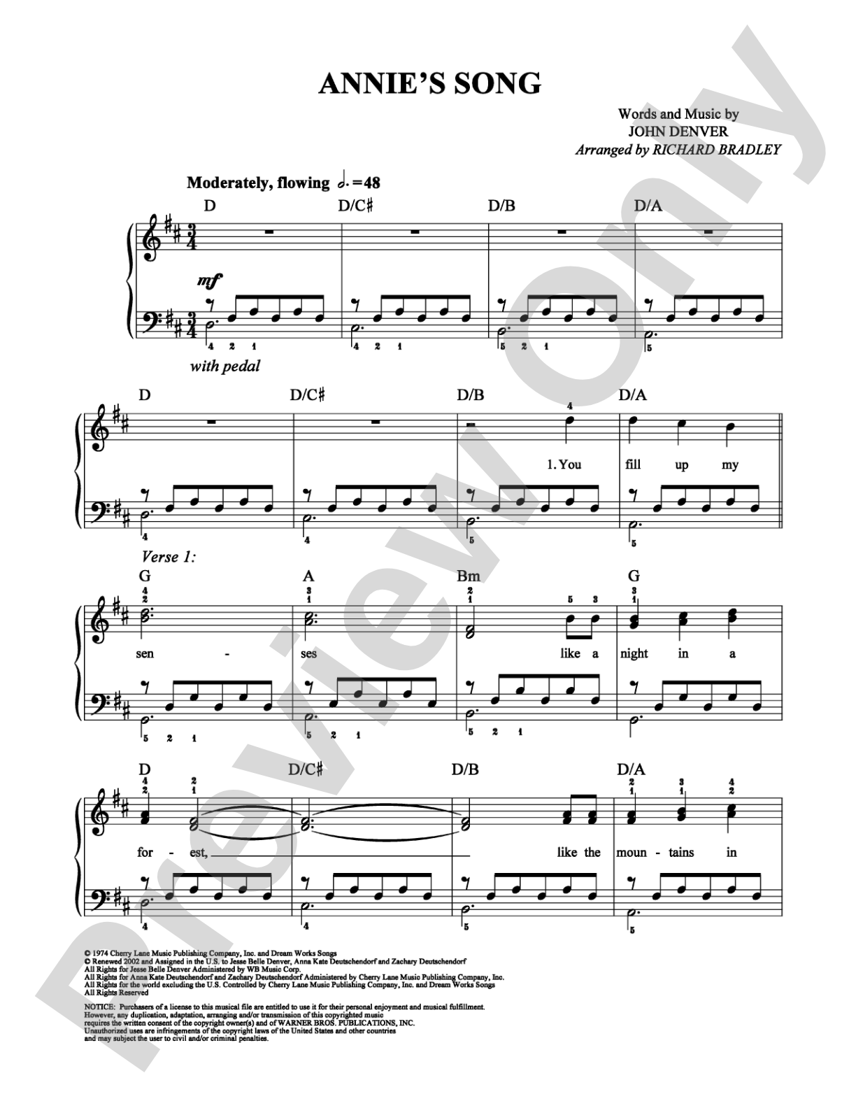 Annie's Song: Easy Piano Digital Sheet Music