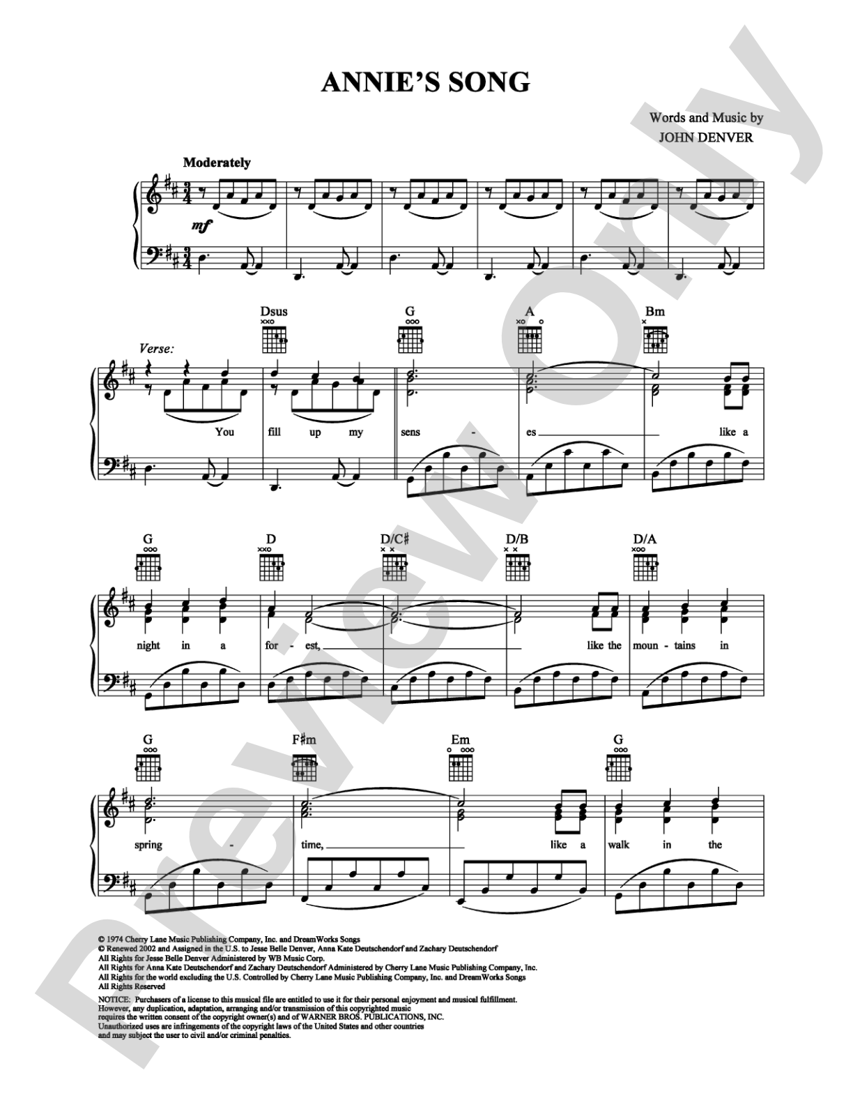 Annie's Song: Piano/Vocal/Chords Digital Sheet Music