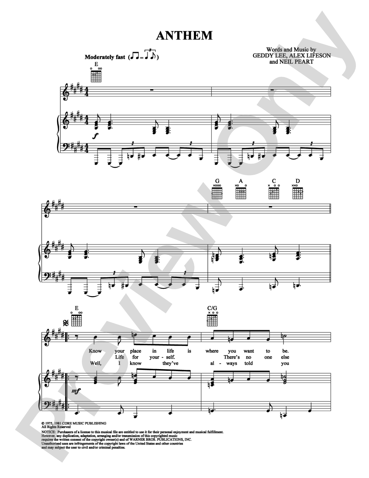 Anthem: Piano/Vocal/Chords Digital Sheet Music