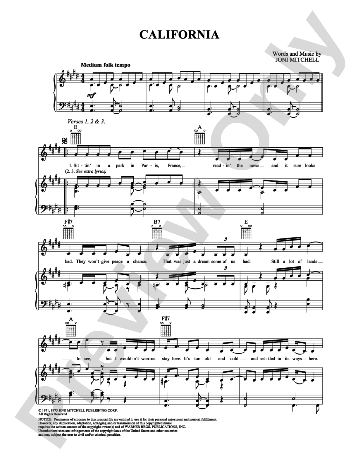 California: Piano/Vocal/Chords Digital Sheet Music
