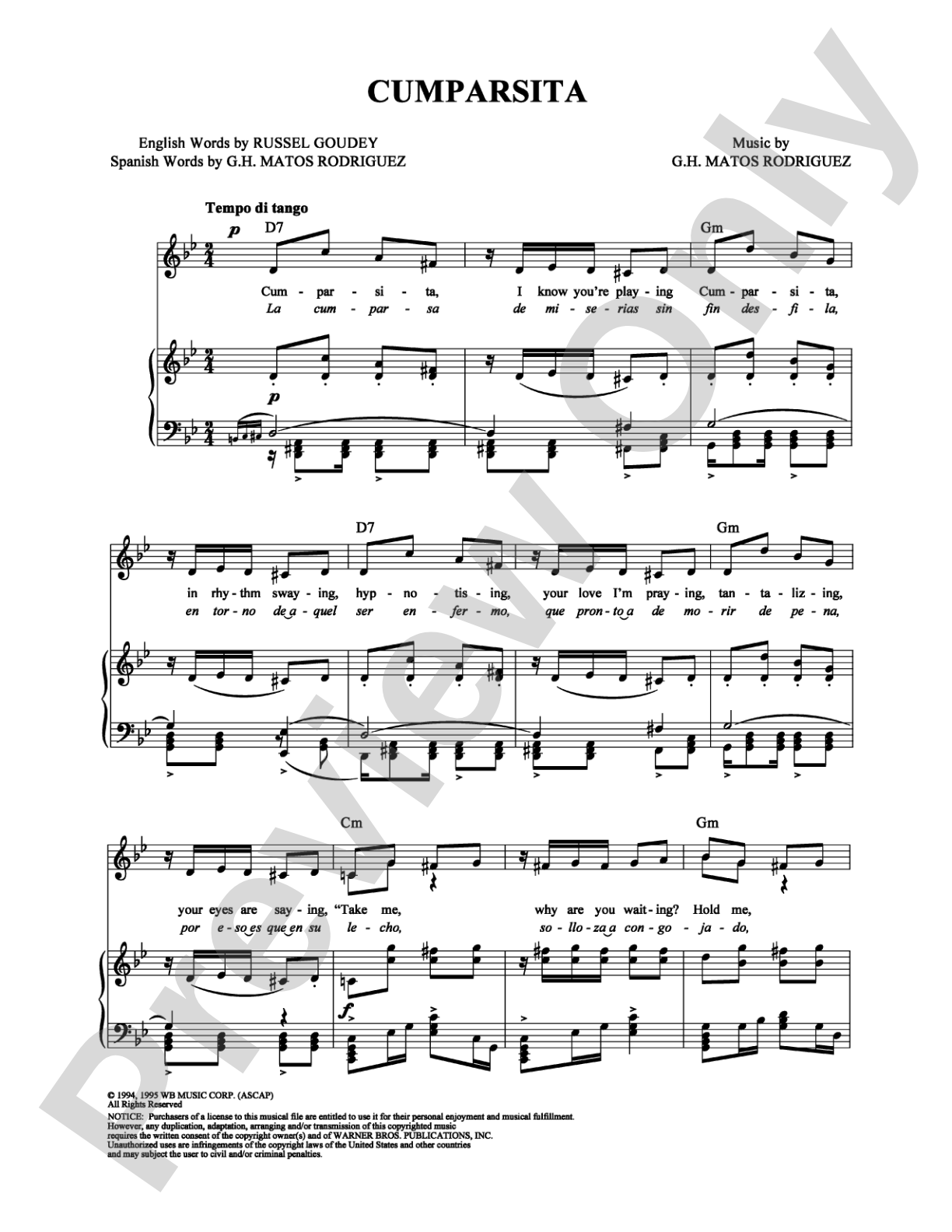 Cumparsita: Piano/Vocal/Chords Digital Sheet Music