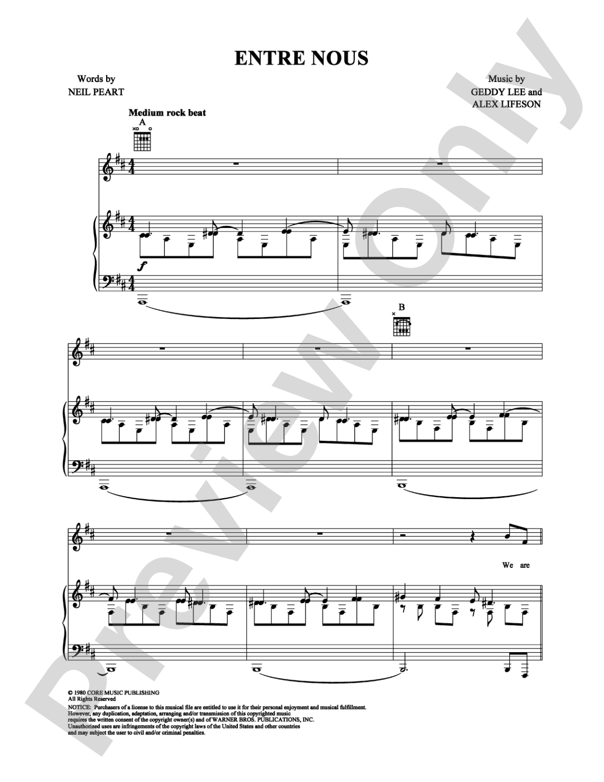 Entre Nous: Piano/Vocal/Chords Digital Sheet Music