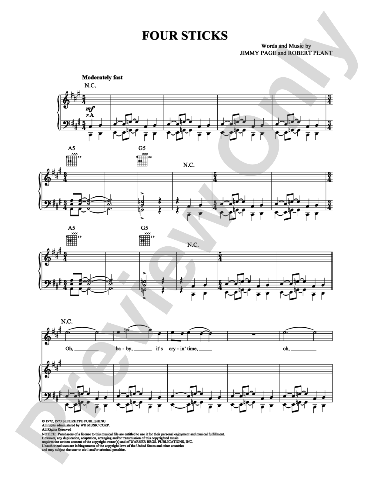 Four Sticks: Piano/Vocal/Chords Digital Sheet Music