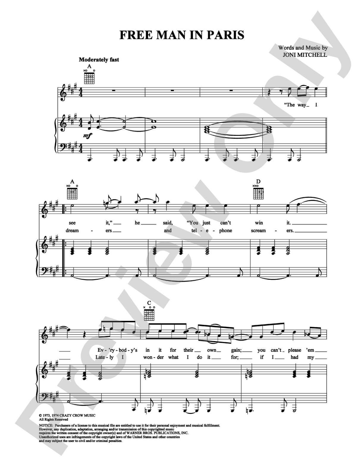 Free Man in Paris: Piano/Vocal/Chords Digital Sheet Music