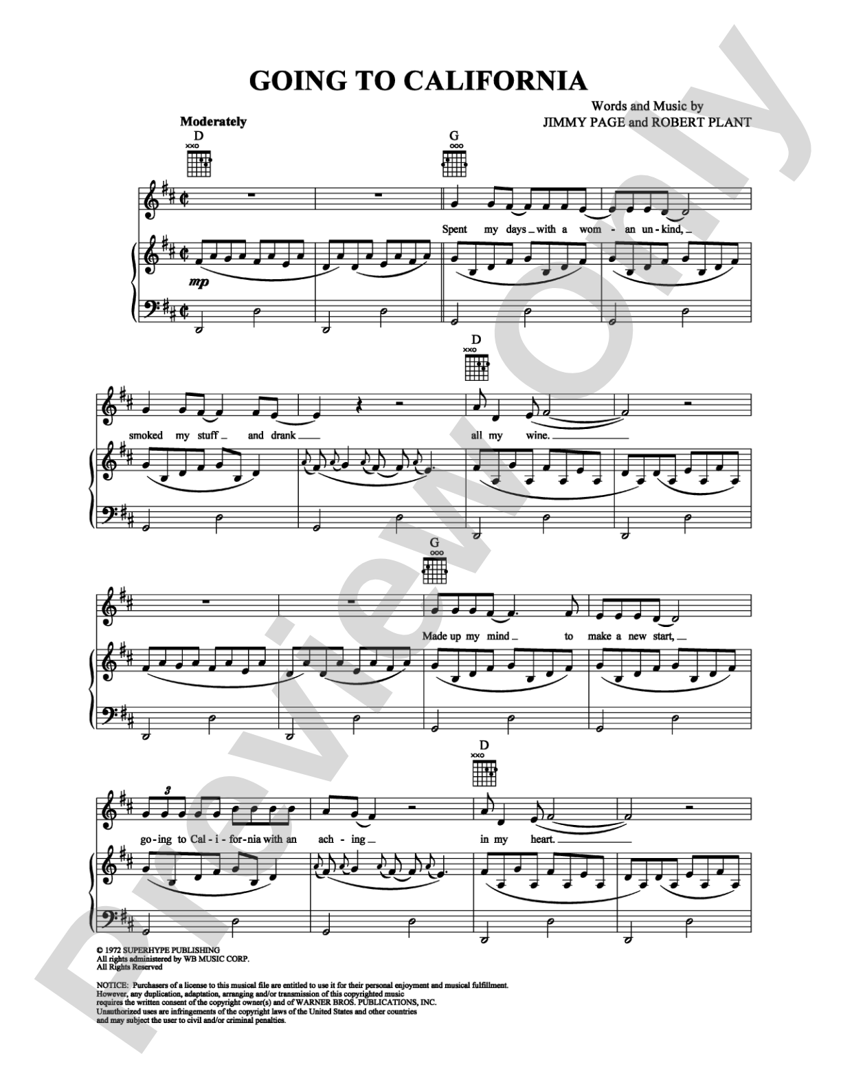 Going to California: Piano/Vocal/Chords Digital Sheet Music