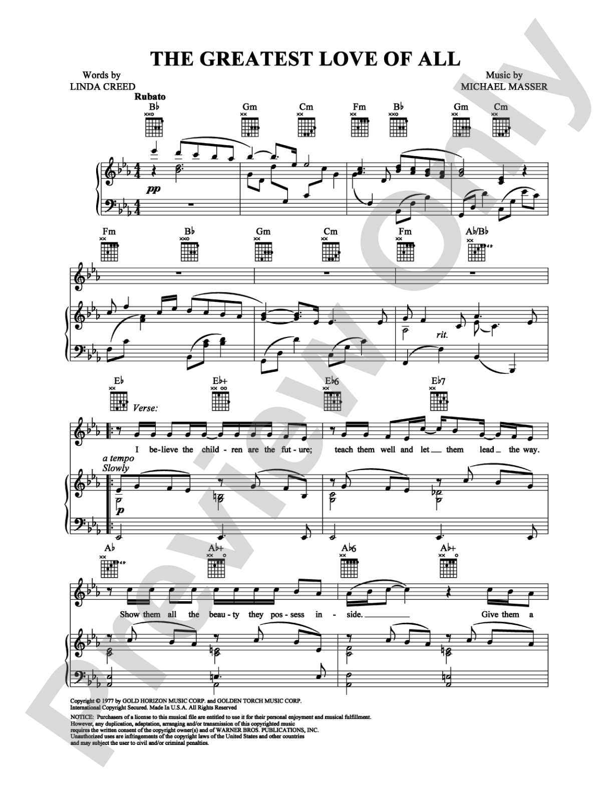 The Greatest Love of All: Piano/Vocal/Chords Digital Sheet Music