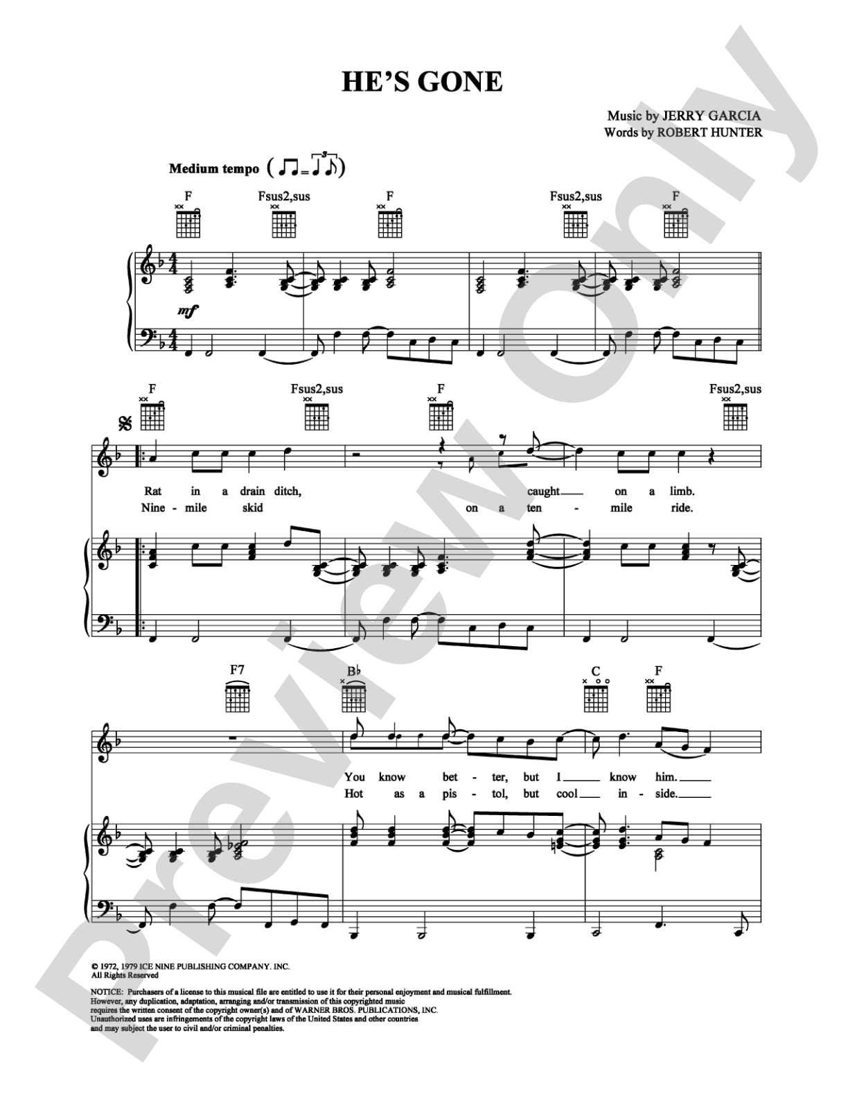 He's Gone: Piano/Vocal/Chords Digital Sheet Music