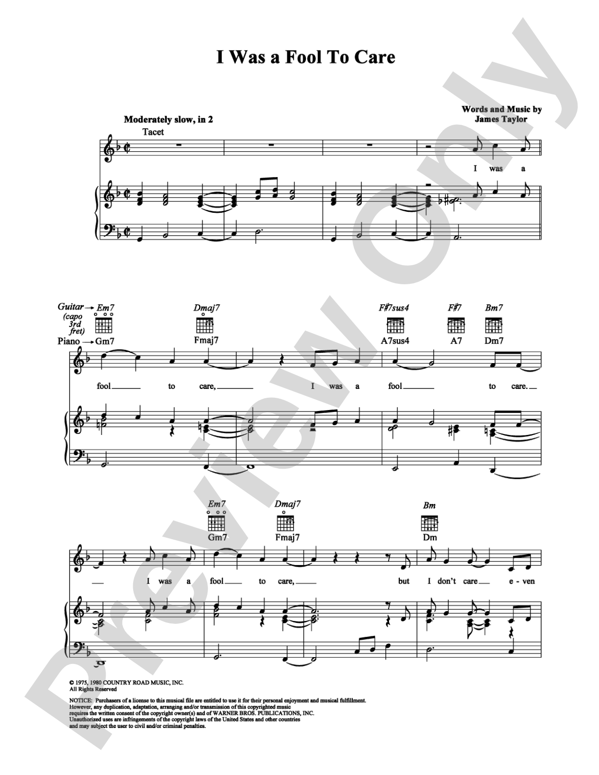 I Was A Fool To Care: Piano/Vocal/Chords Digital Sheet Music