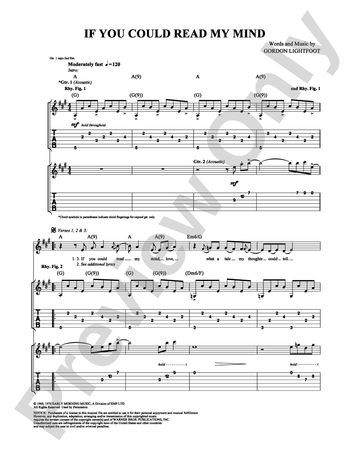 If You Could Read My Mind: Guitar TAB Digital Sheet Music