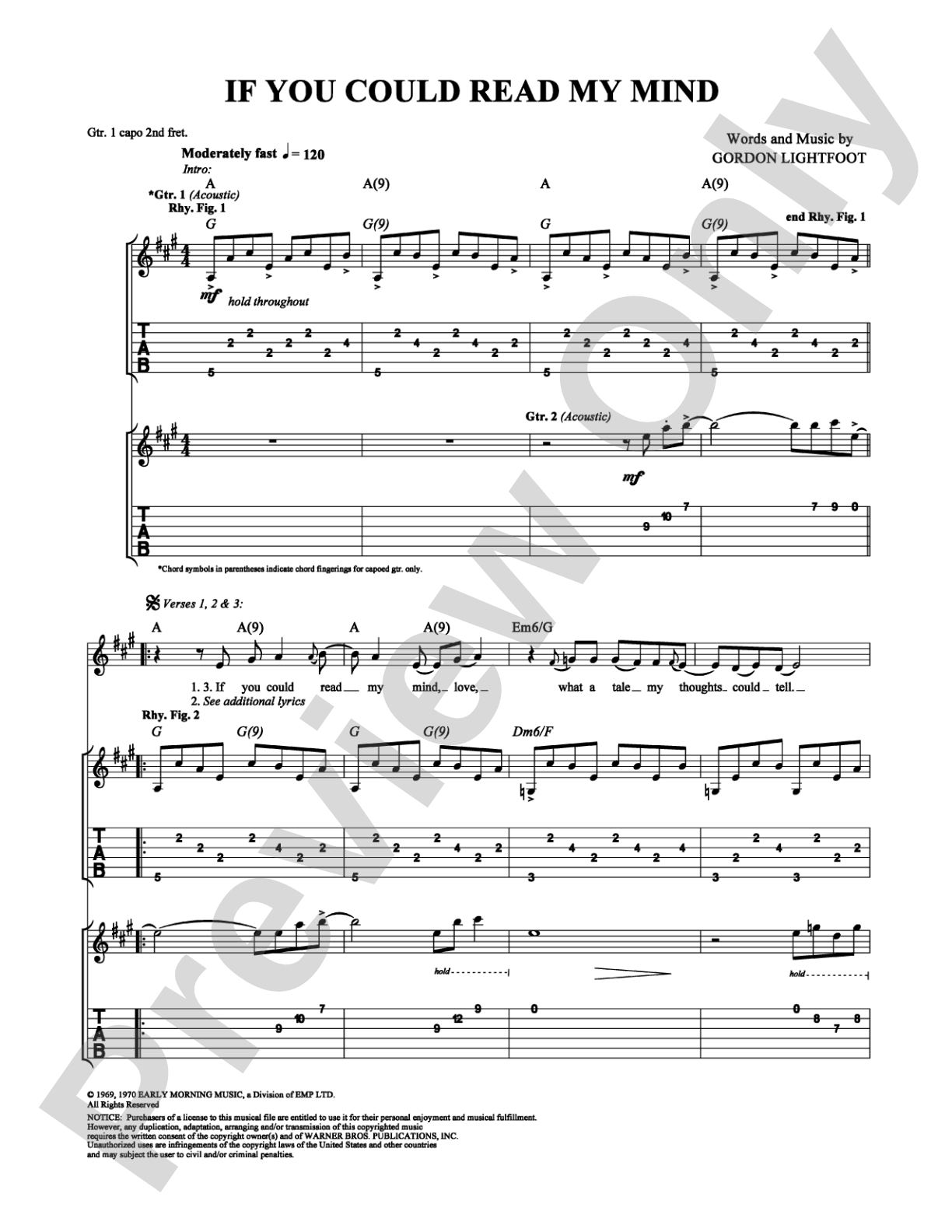 If You Could Read My Mind: Guitar TAB Digital Sheet Music