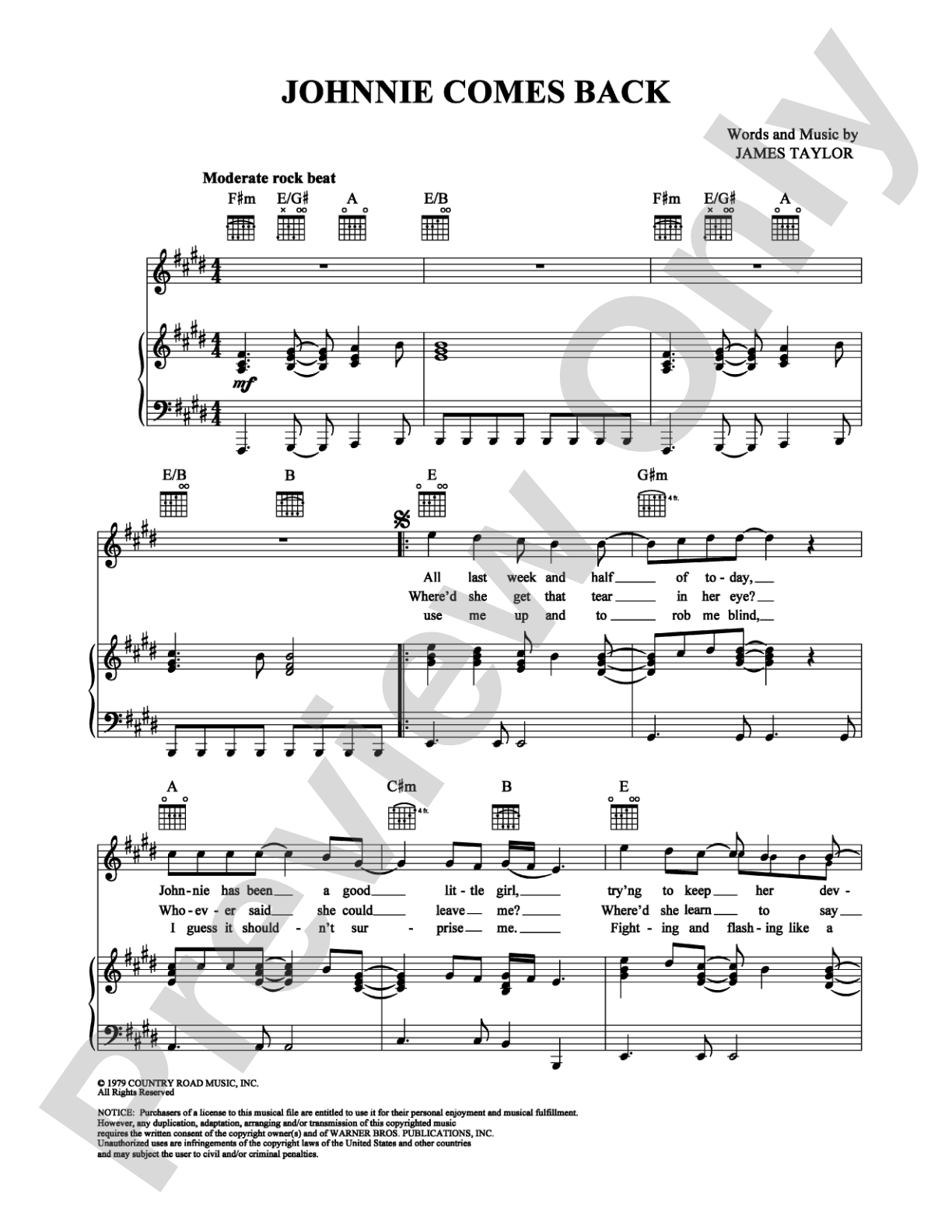 Johnnie Comes Back: Piano/Vocal/Chords Digital Sheet Music