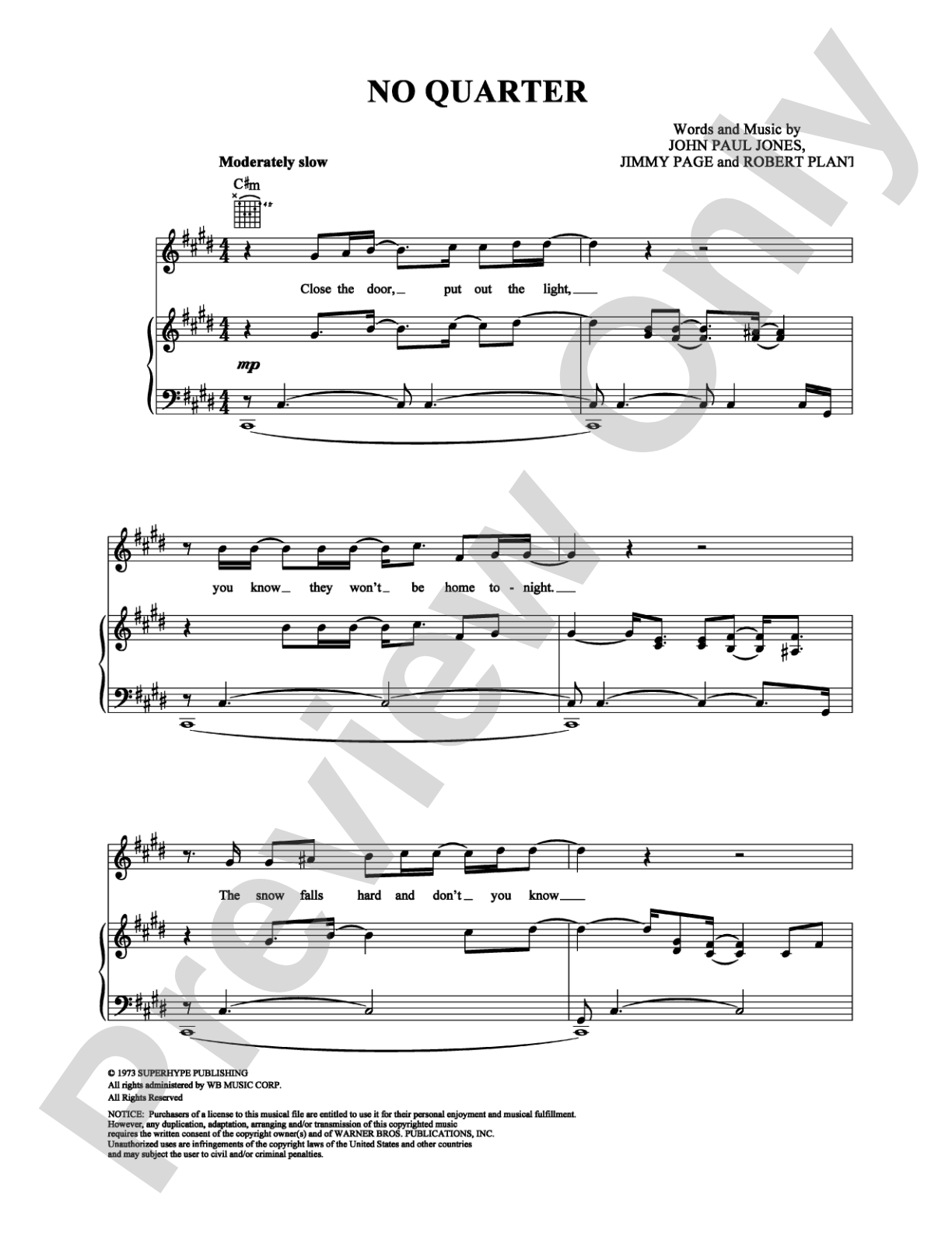 No Quarter: Piano/Vocal/Chords Digital Sheet Music