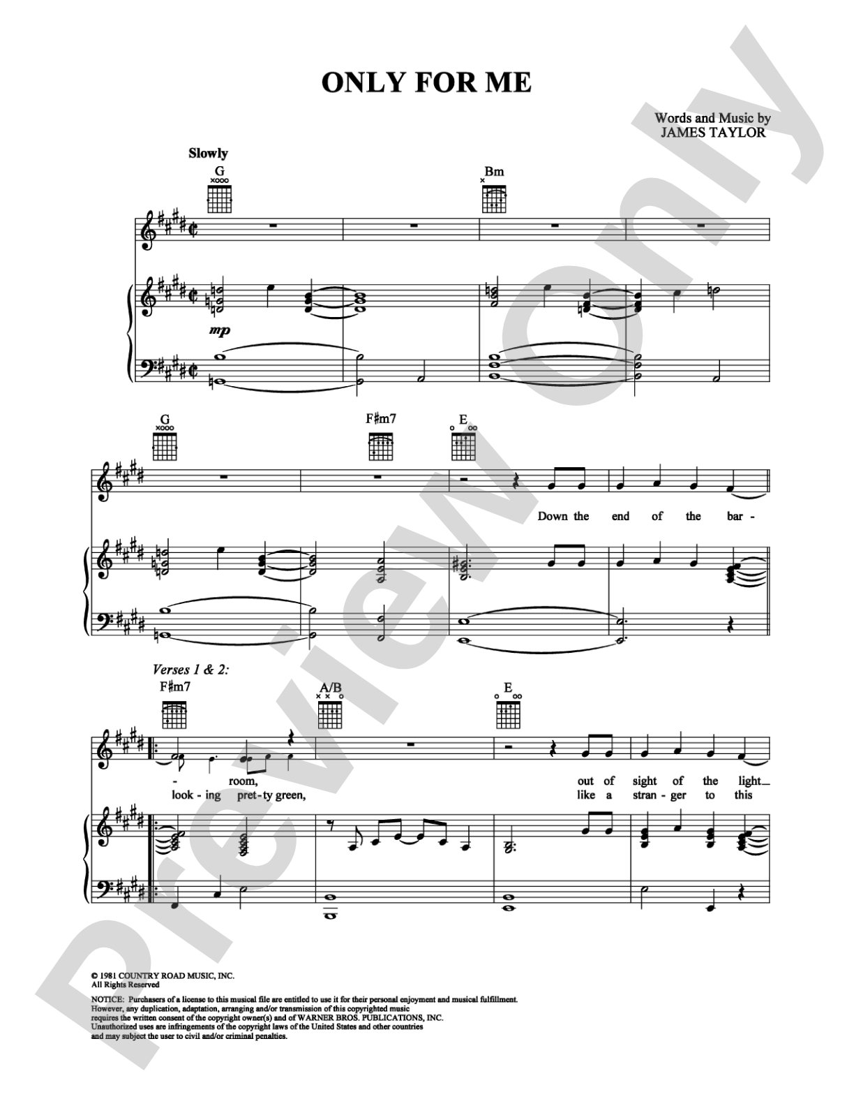 Only for Me: Piano/Vocal/Chords Digital Sheet Music