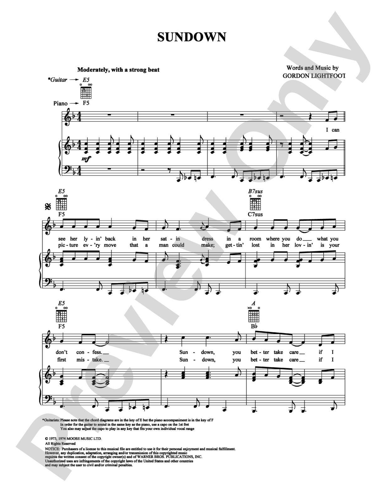 Sundown: Piano/Vocal/Chords Digital Sheet Music