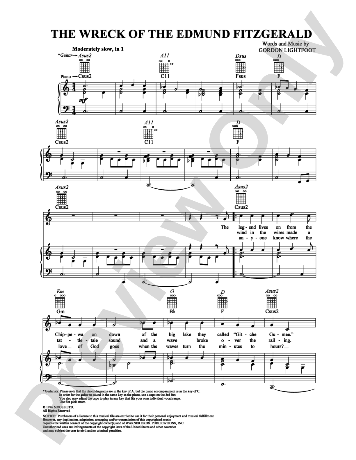 The Wreck of the Edmund Fitzgerald: Piano/Vocal/Chords Digital Sheet Music