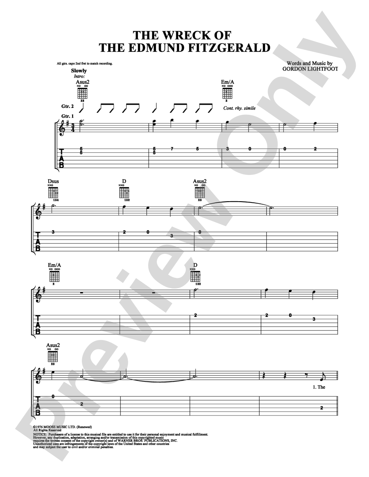 The Wreck of the Edmund Fitzgerald: Easy Guitar Digital Sheet Music