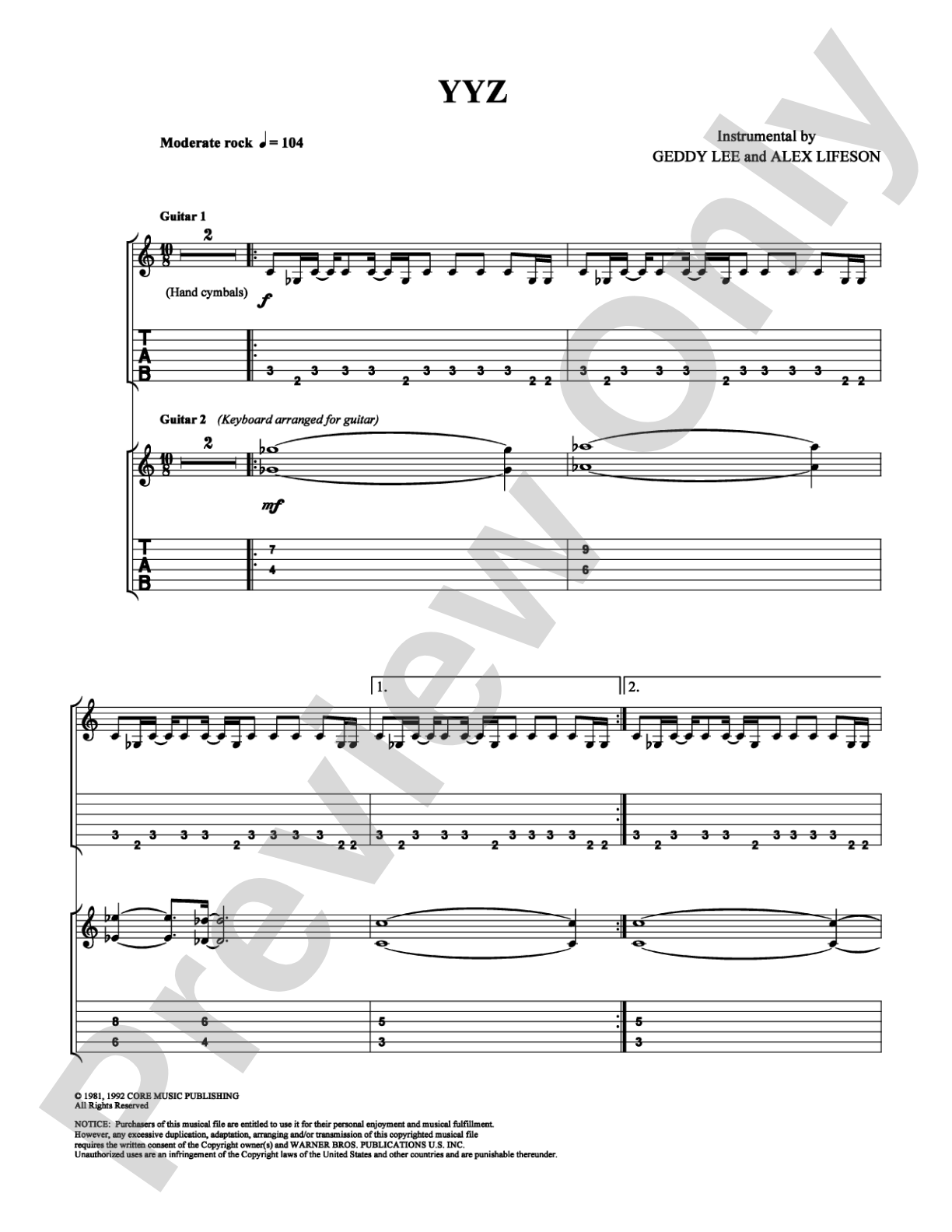 YYZ: Guitar TAB Digital Sheet Music