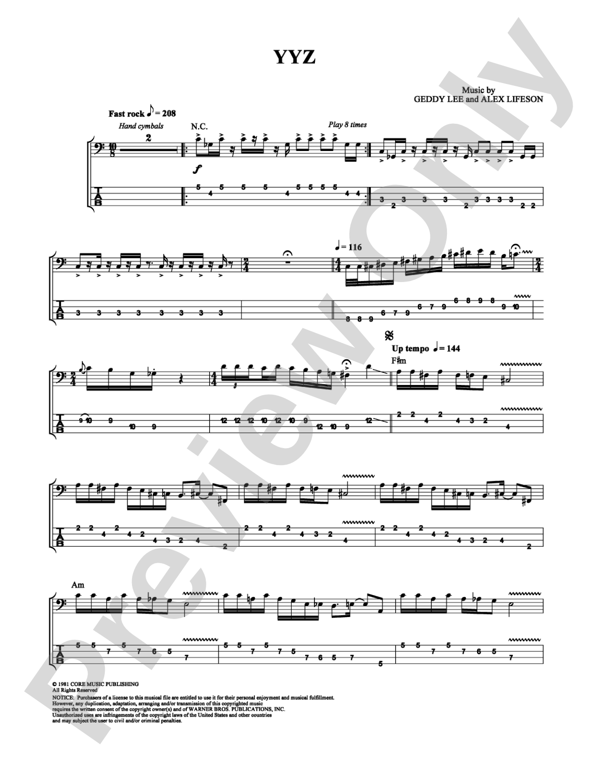 YYZ: Bass TAB Digital Sheet Music