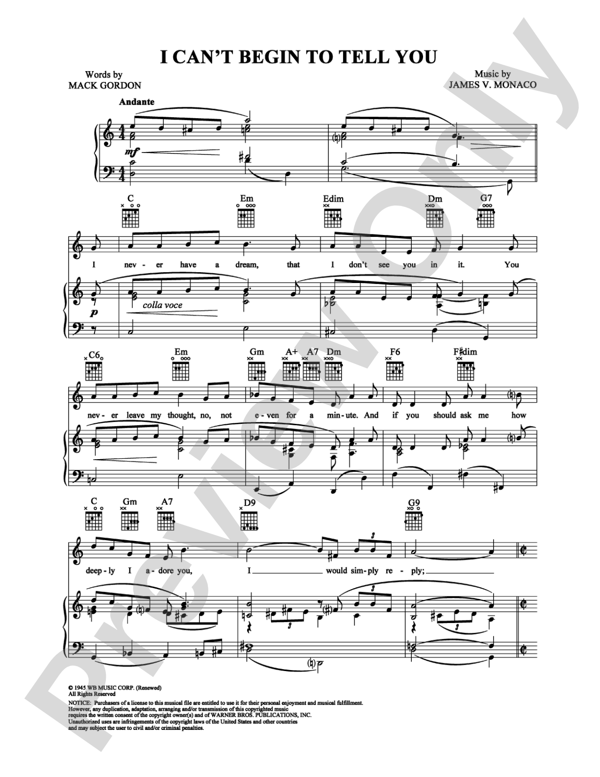 I Can't Begin to Tell You: Piano/Vocal/Chords Digital Sheet Music