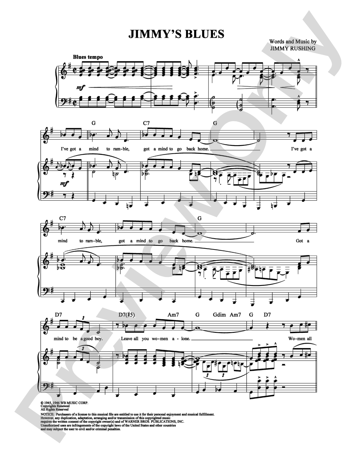 Jimmy's Blues: Piano/Vocal/Chords Digital Sheet Music