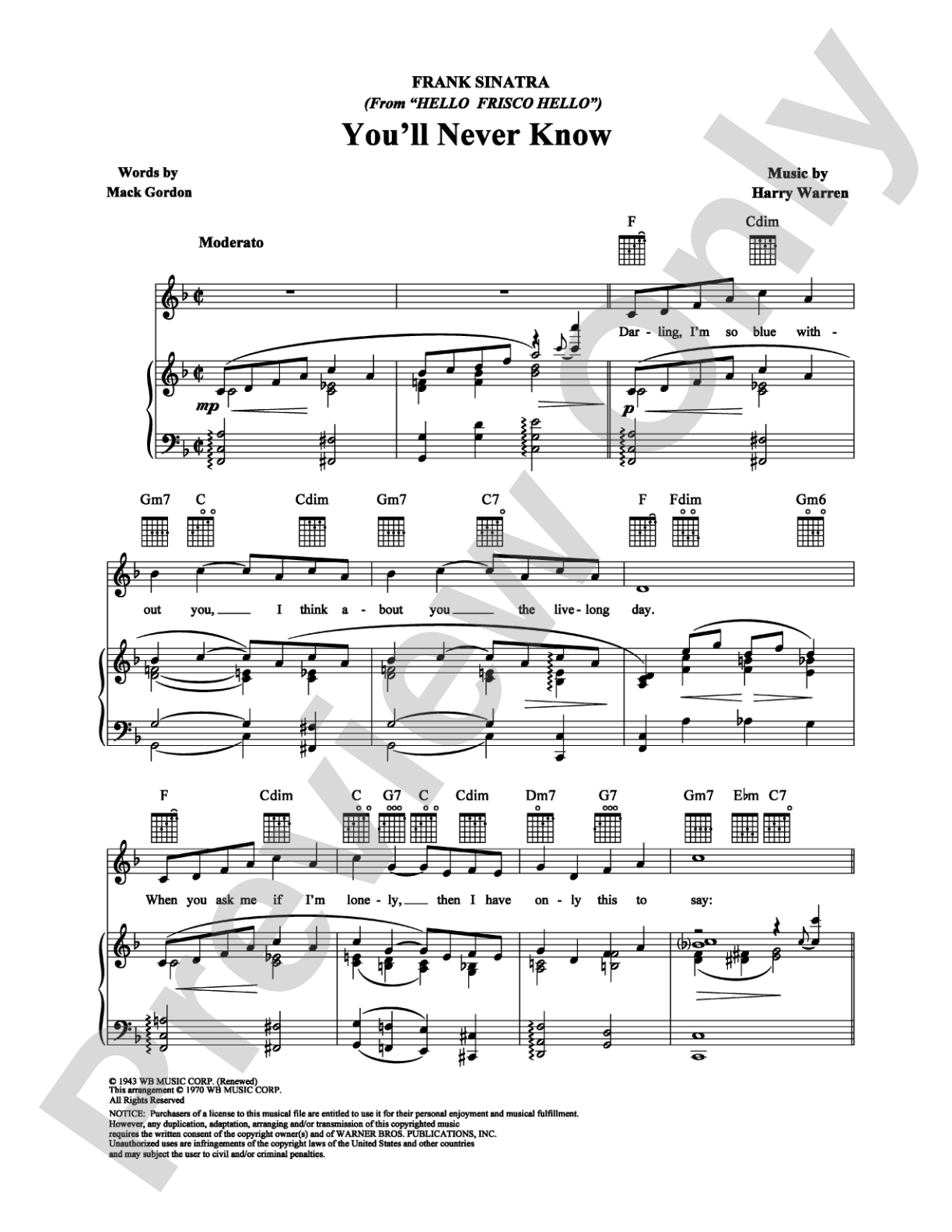 You'll Never Know: Piano/Vocal/Chords Digital Sheet Music