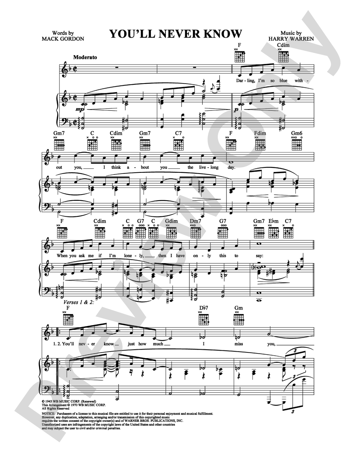 You'll Never Know: Piano/Vocal/Chords Digital Sheet Music