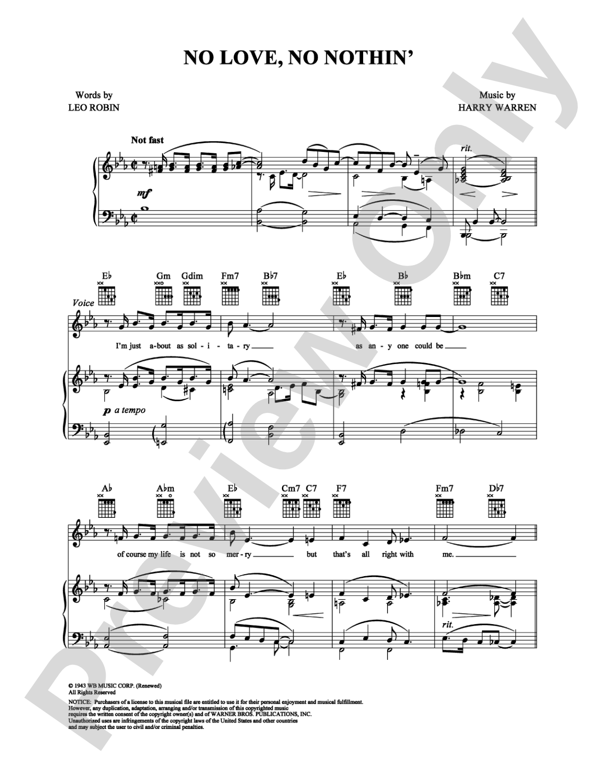 No Love, No Nothin': Piano/Vocal/Chords Digital Sheet Music